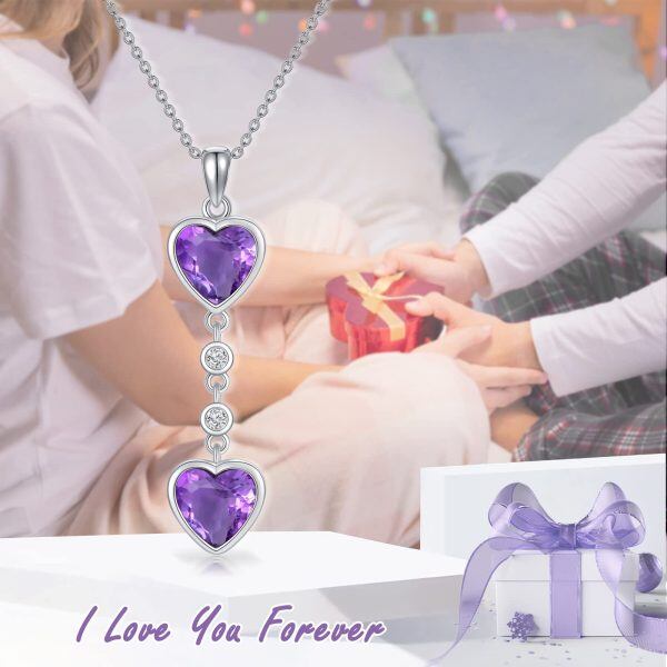 Sterling Silver Double Heart Shaped Amethyst Pendant Necklace-5