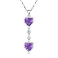 wholesale 925 Sterling Silver Heart-Shaped Natural Amethyst Double Drop Necklace for Women- Rhodium Plated