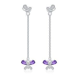 Sterling Silver Butterfly Amethyst Drop Earrings-0