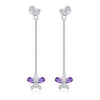 wholesale 925 Sterling Silver Purple Amethyst Butterfly Dangle Earrings - February Birthday Gift Ideas- Rhodium Plated