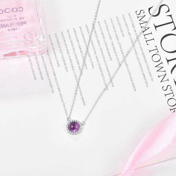 Sterling Silver Round Shaped Purple Zircon Pendant Necklace-3