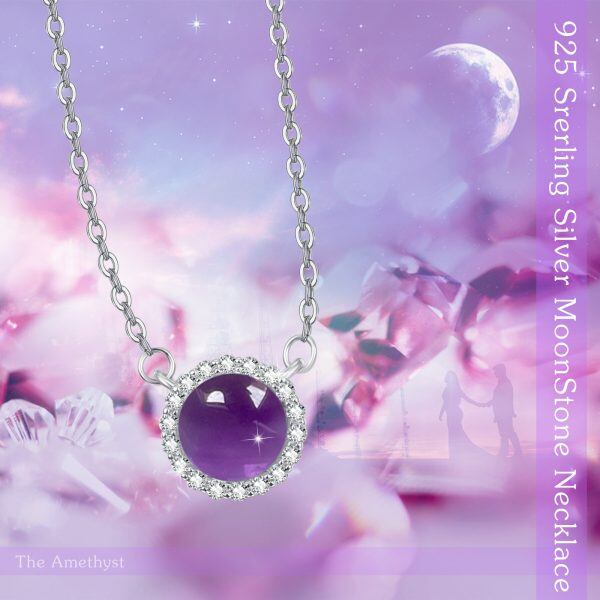 Sterling Silver Round Shaped Purple Zircon Pendant Necklace-4