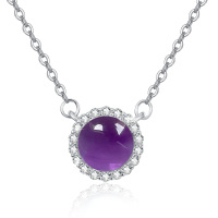 wholesale 925 Sterling Silver Round Purple Zircon Halo Pendant Necklace for Women- Rhodium Plated