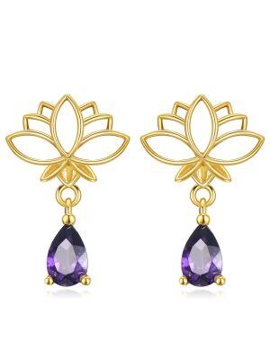 Sterling Silver Lotus Flower Purple Zircon Drop Earrings with February Birthstone-0