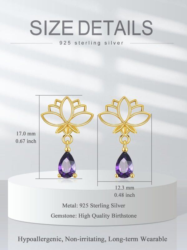 Sterling Silver Lotus Flower Purple Zircon Drop Earrings with February Birthstone-1