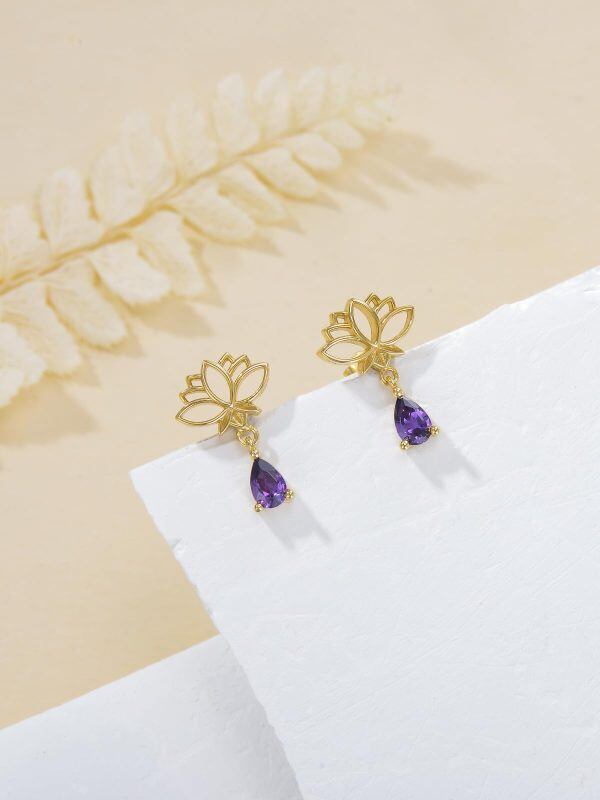 Sterling Silver Lotus Flower Purple Zircon Drop Earrings with February Birthstone-2