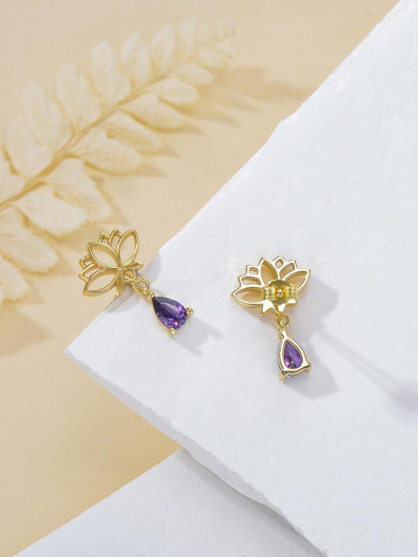 Sterling Silver Lotus Flower Purple Zircon Drop Earrings with February Birthstone-3