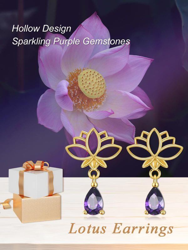 Sterling Silver Lotus Flower Purple Zircon Drop Earrings with February Birthstone-5