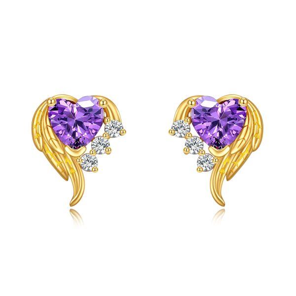 10K Gold Purple Zircon Angel Wings Heart Stud Earrings-0