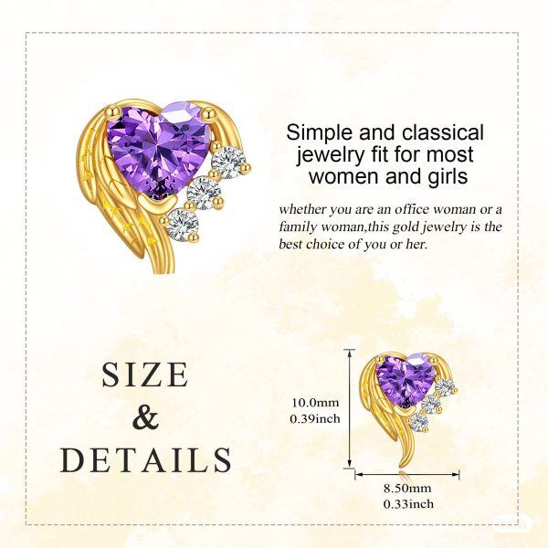 10K Gold Purple Zircon Angel Wings Heart Stud Earrings-1