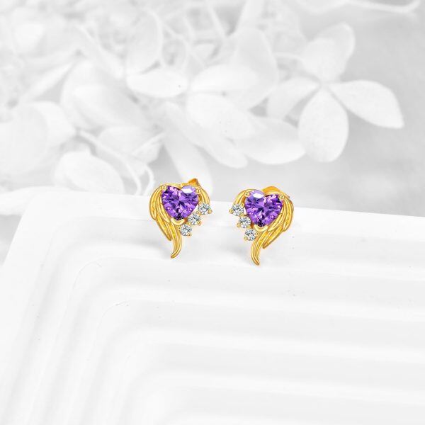 10K Gold Purple Zircon Angel Wings Heart Stud Earrings-3