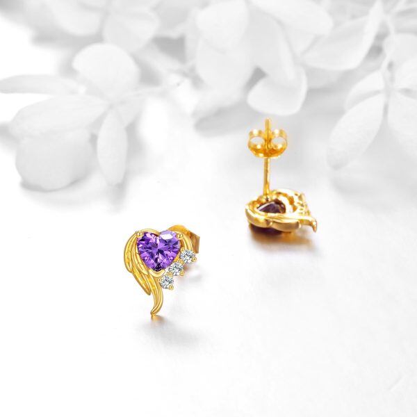 10K Gold Purple Zircon Angel Wings Heart Stud Earrings-4