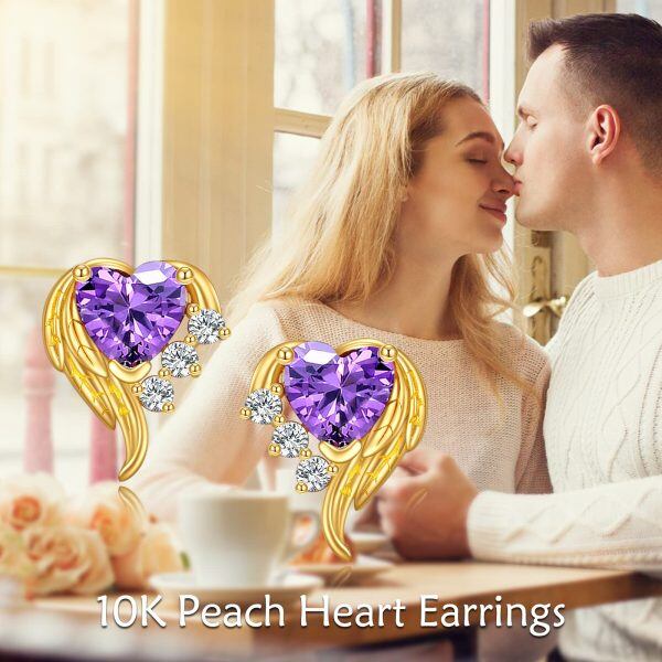 10K Gold Purple Zircon Angel Wings Heart Stud Earrings-5