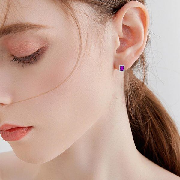 Sterling Silver 5mm * 7mm Created Purple Amethyst Stud Earrings-2