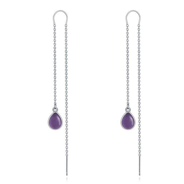 Sterling Silver Amethyst Tassel Pull Through Threader Earrings-0