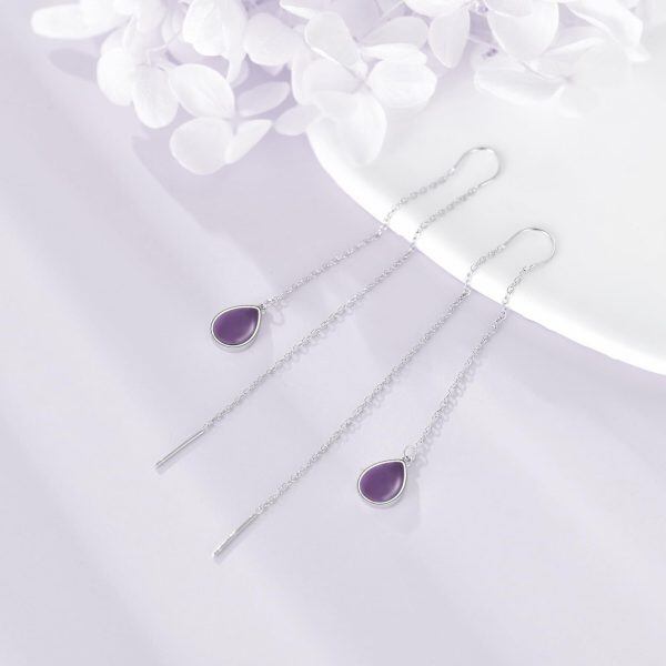 Sterling Silver Amethyst Tassel Pull Through Threader Earrings-3