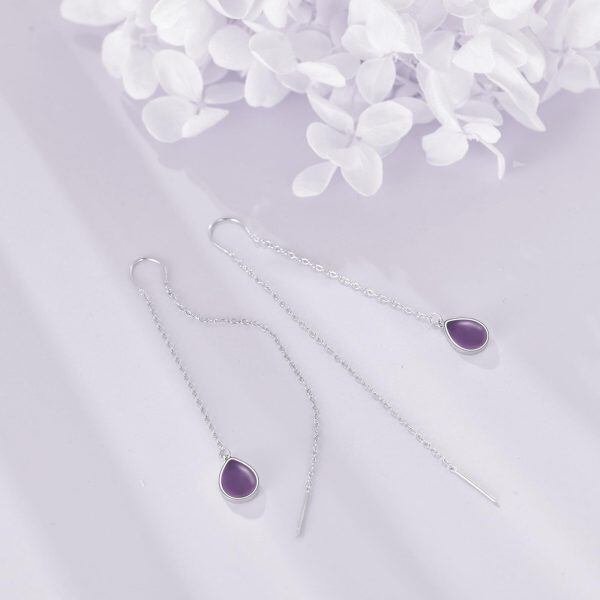 Sterling Silver Amethyst Tassel Pull Through Threader Earrings-4