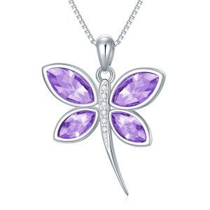 Sterling Silver Amethyst Dragonfly Pendant Necklace -0