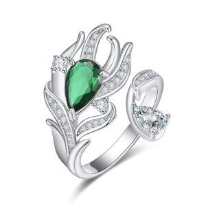 Sterling Silver Feather Green Crystal Adjustable Ring-0