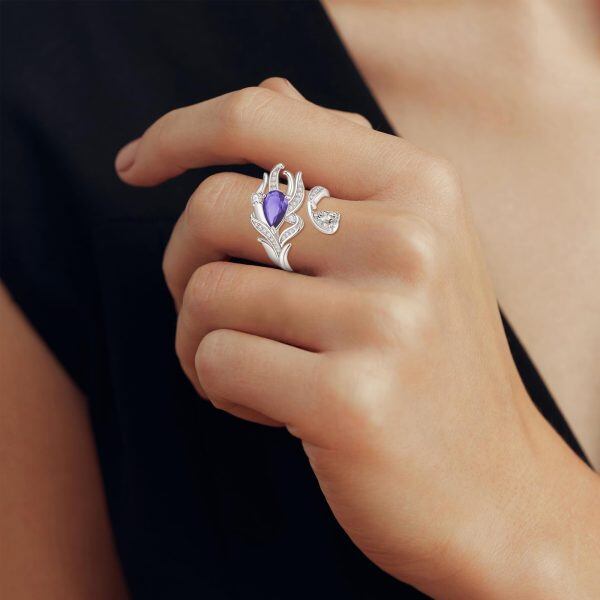 Sterling Silver Feather Amethyst Adjustable Ring with February Birthstone-3