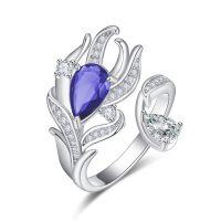 wholesale 925 Sterling Silver Purple Crystal Feather Open Adjustable Ring for Women Angel - Rhodium Plated
