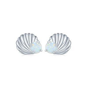 Sterling Silver Opal Sea Shell Stud Earrings-0