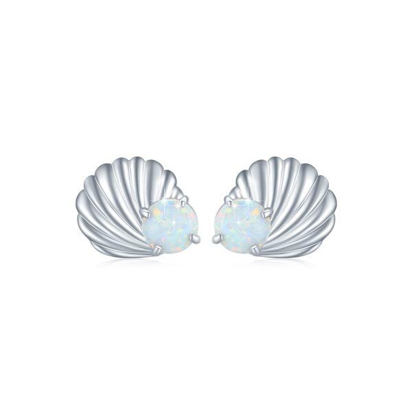 Sterling Silver Opal Sea Shell Stud Earrings-0