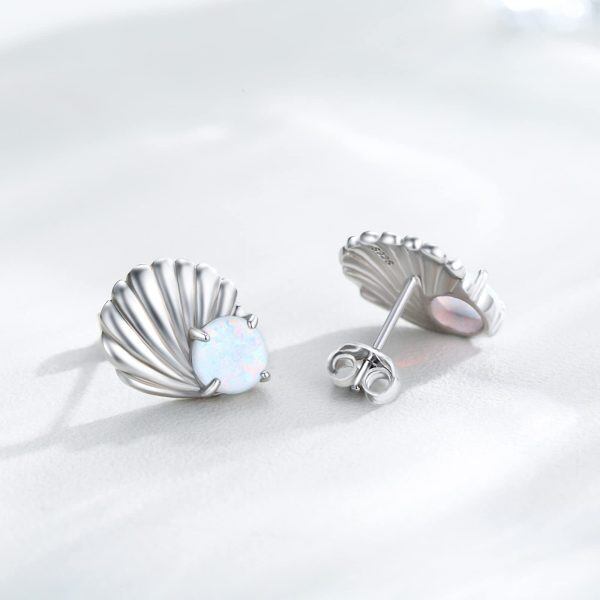 Sterling Silver Opal Sea Shell Stud Earrings-4