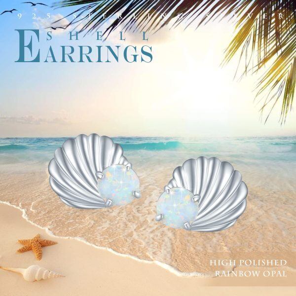 Sterling Silver Opal Sea Shell Stud Earrings-5