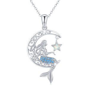 Sterling Silver Celtic Moon Mermaid with Opal Star Pendant Necklace-0