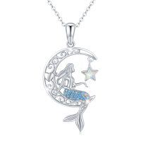 wholesale 925 Sterling Silver Moon & Star Mermaid Pendant with Blue CZs and White Opals Necklaces s for Girls Women- Rhodium Plated