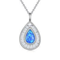 wholesale 925 Sterling Silver Plated Teardrop Shape Blue Fire Opal Stone Pendant Necklaces for Women Girl Mother's Day Gifts- Rhodium Plated