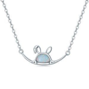 Sterling Silver Rabbit Pendant Necklace with Opal-0