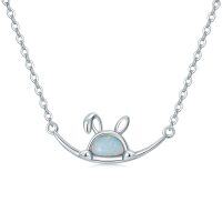 wholesale 925 Sterling Silver Metal Opal Bunny Rabbit Pendant Necklace for Girls and Women- Rhodium Plated