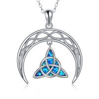 wholesale 925 Sterling Silver Blue Fire Opal Triquetra Crescent Moon Necklace Celtic s for Her- Rhodium Plated