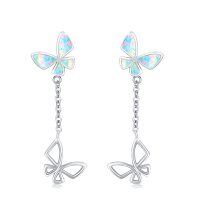 wholesale 925 Sterling Silver Butterfly Dangle Earrings with Opal Stone and Chain for Girls & Women- Rhodium Plated
