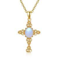 wholesale 925 Sterling Silver Cross Necklace with Blue Opal Stone and Gold Plated Chain for Women- Gold Plated