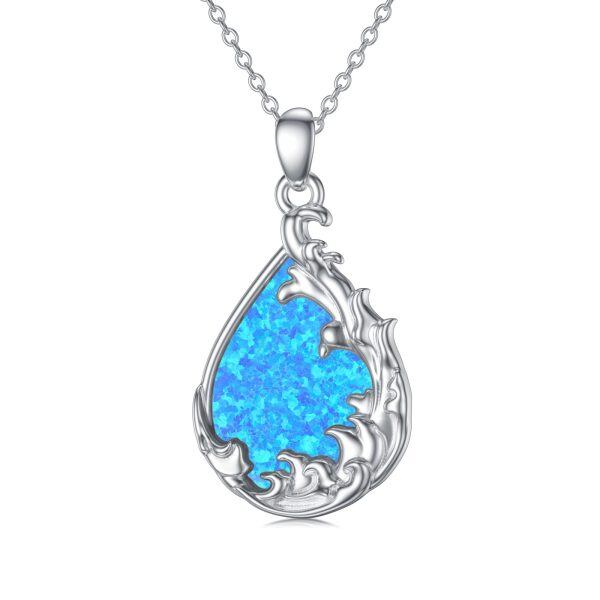 Sterling Silver Synthetic Opal Wave Pendant Necklace-0