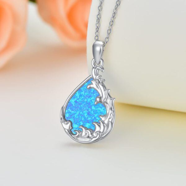 Sterling Silver Synthetic Opal Wave Pendant Necklace-3