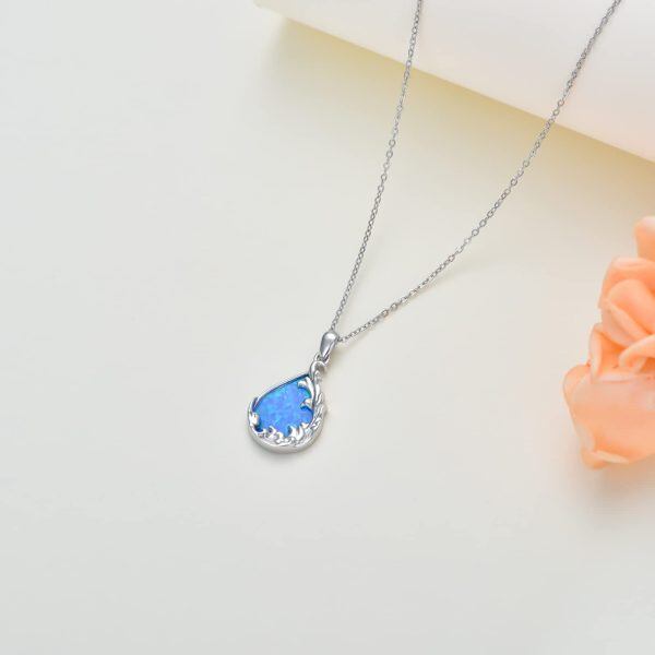 Sterling Silver Synthetic Opal Wave Pendant Necklace-4