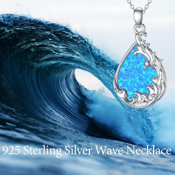 Sterling Silver Synthetic Opal Wave Pendant Necklace-5