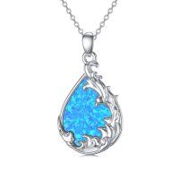 wholesale 925 Sterling Silver Blue Synthetic Opal Teardrop Pendant Necklace for Women s- Rhodium Plated
