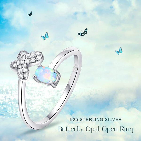 Sterling Silver Butterfly Adjustable Ring with Opal-4