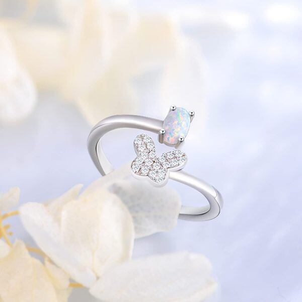 Sterling Silver Butterfly Adjustable Ring with Opal-5