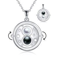 wholesale 925 Sterling Silver Round Pendant with White and Black Pearls & Mother-of-Pearl Star Design for Women's Necklaces - Time Capsule Style- Rhodium Plated