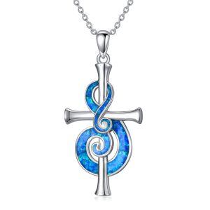 Sterling Silver Music Cross Pendant Necklace with Blue Opal-0