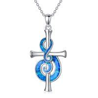 wholesale 925 Sterling Silver Blue Opal Treble Clef Cross Pendant Necklace for Women & Girls- Rhodium Plated