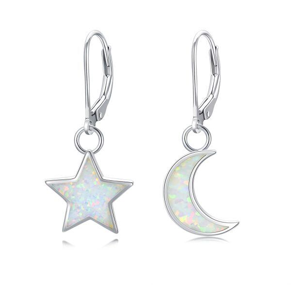 Sterling Silver Opal Star Moon Drop Earrings-0