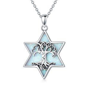 Sterling Silver Tree of Life & Opal Star of David Pendant Necklace-0