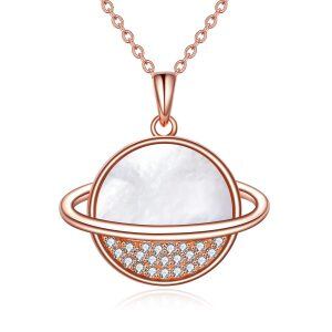 Sterling Silver Saturn Planet Shell Pendant Necklace-0